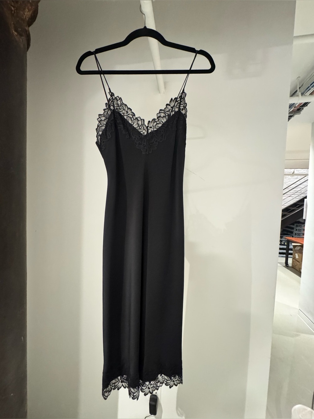 Nili Lotan black silk slip dress with lace trim
